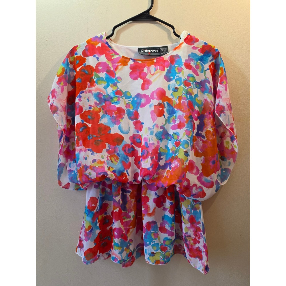Citicraze Womens Multi Color Floral Watercolor Blouson‎ Dolman Sleeve Top Small